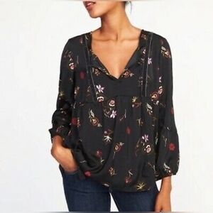 Old Navy Long Sleeve Satin Floral Blouse with Velvet Accents XL